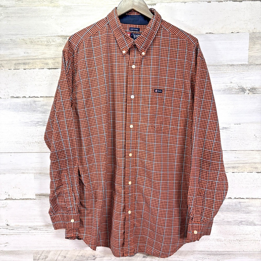 Chaps Mens Orange/Navy Plaid EASY CARE Lightweight Long Slv Button Dn Shirt XL